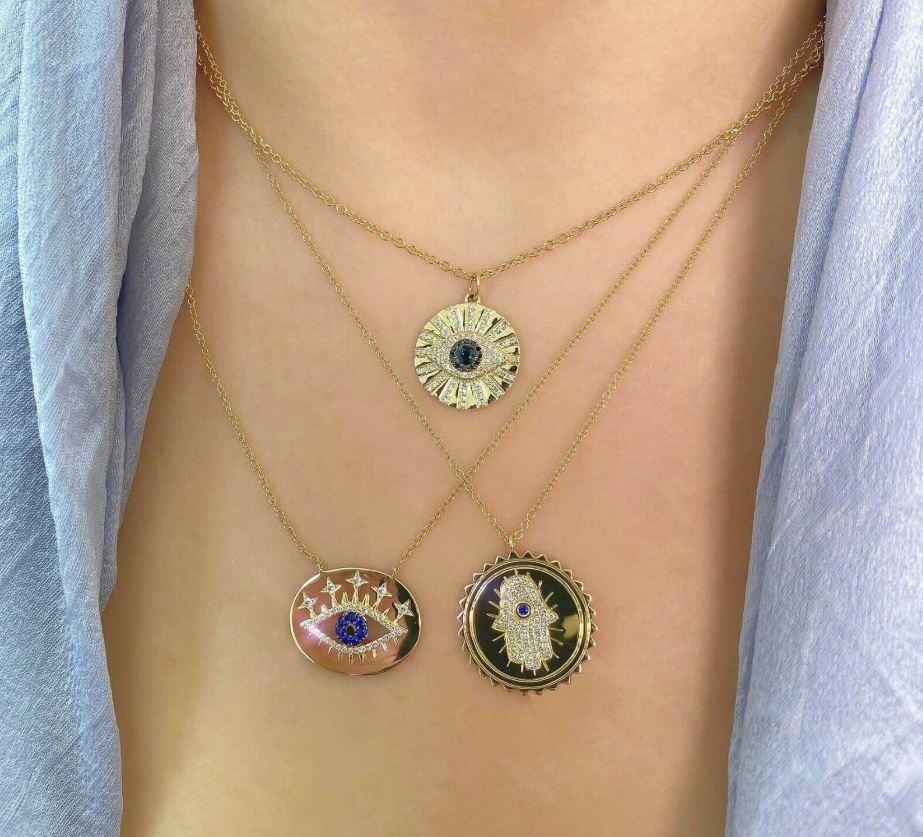 14K Gold 0.15 CT Diamond Eye Necklace Blue Sapphire Black White Round Cut Circle Disc