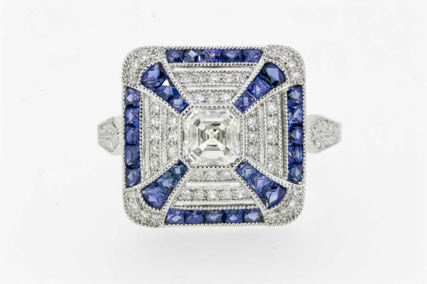 Art Deco Inspired Asscher Cut Diamond Sapphire Platinum Ring