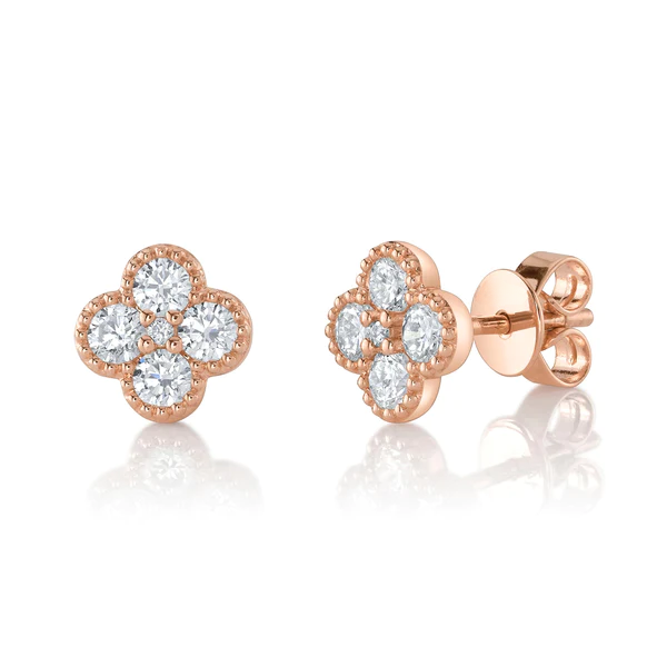 14K Gold Diamond Clover Stud Earrings