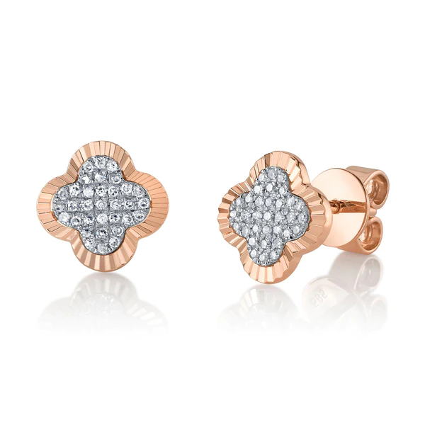 14k Gold Diamond Clover Stud Earrings