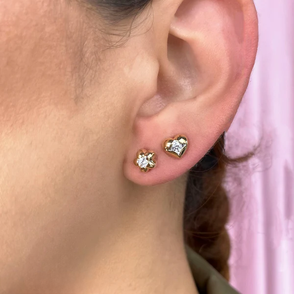 14K Gold Diamond Heart Stud Earrings