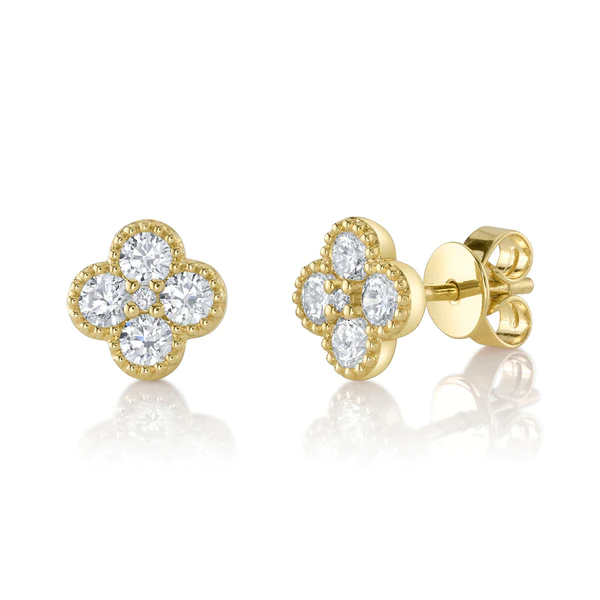 14K Gold Diamond Clover Stud Earrings