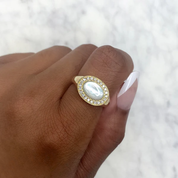 14K Gold Diamond Mother Of Pearl Ring
