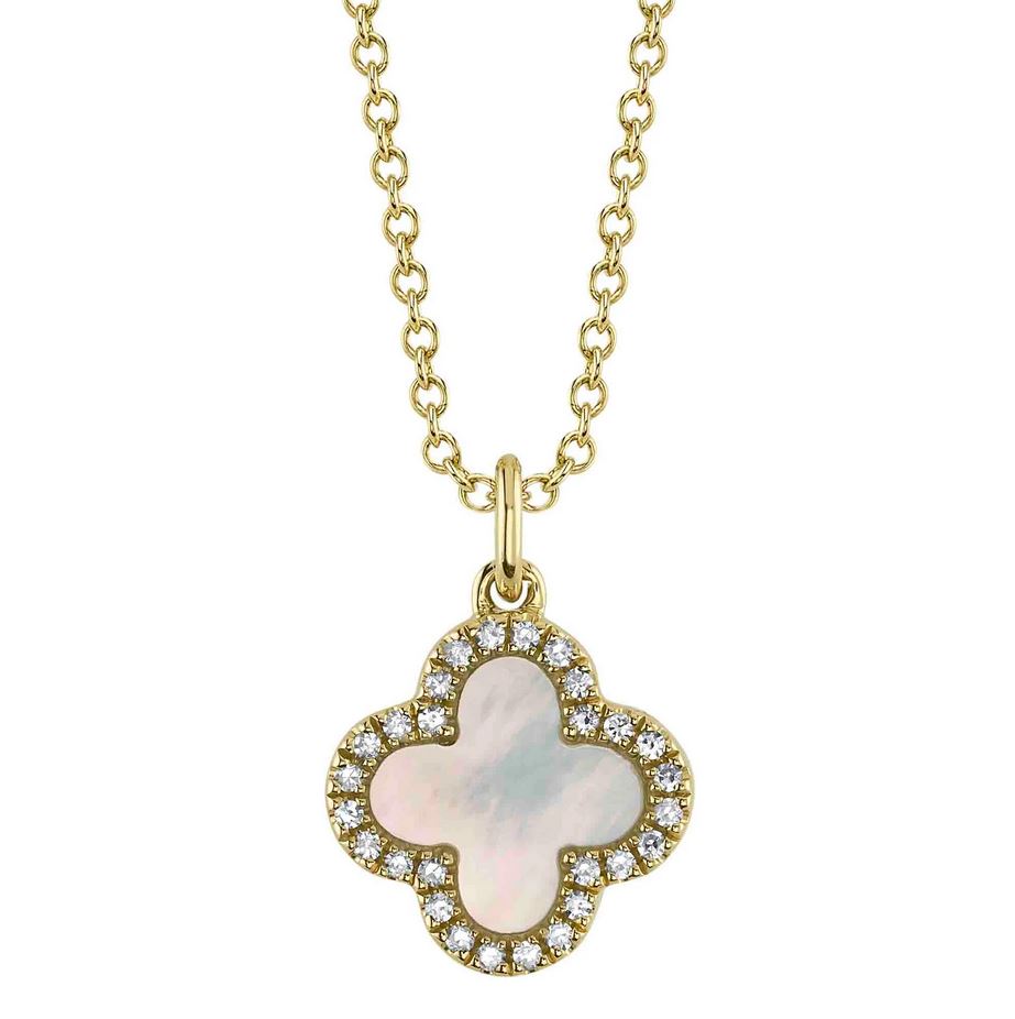 14K Gold Diamond Mother Of Pearl Onyx Clover Necklace Double Sided