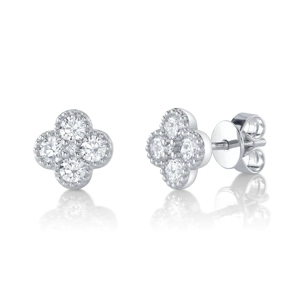 14K Gold Diamond Clover Stud Earrings