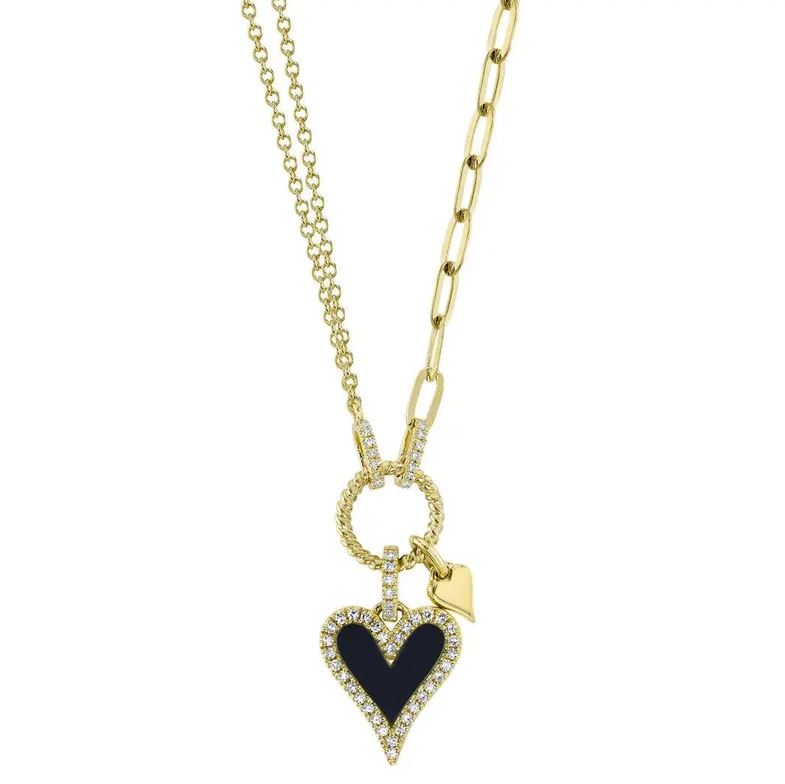 Black Onyx Diamond Heart Necklace 14k Yellow Gold Natural 0.54 CTW