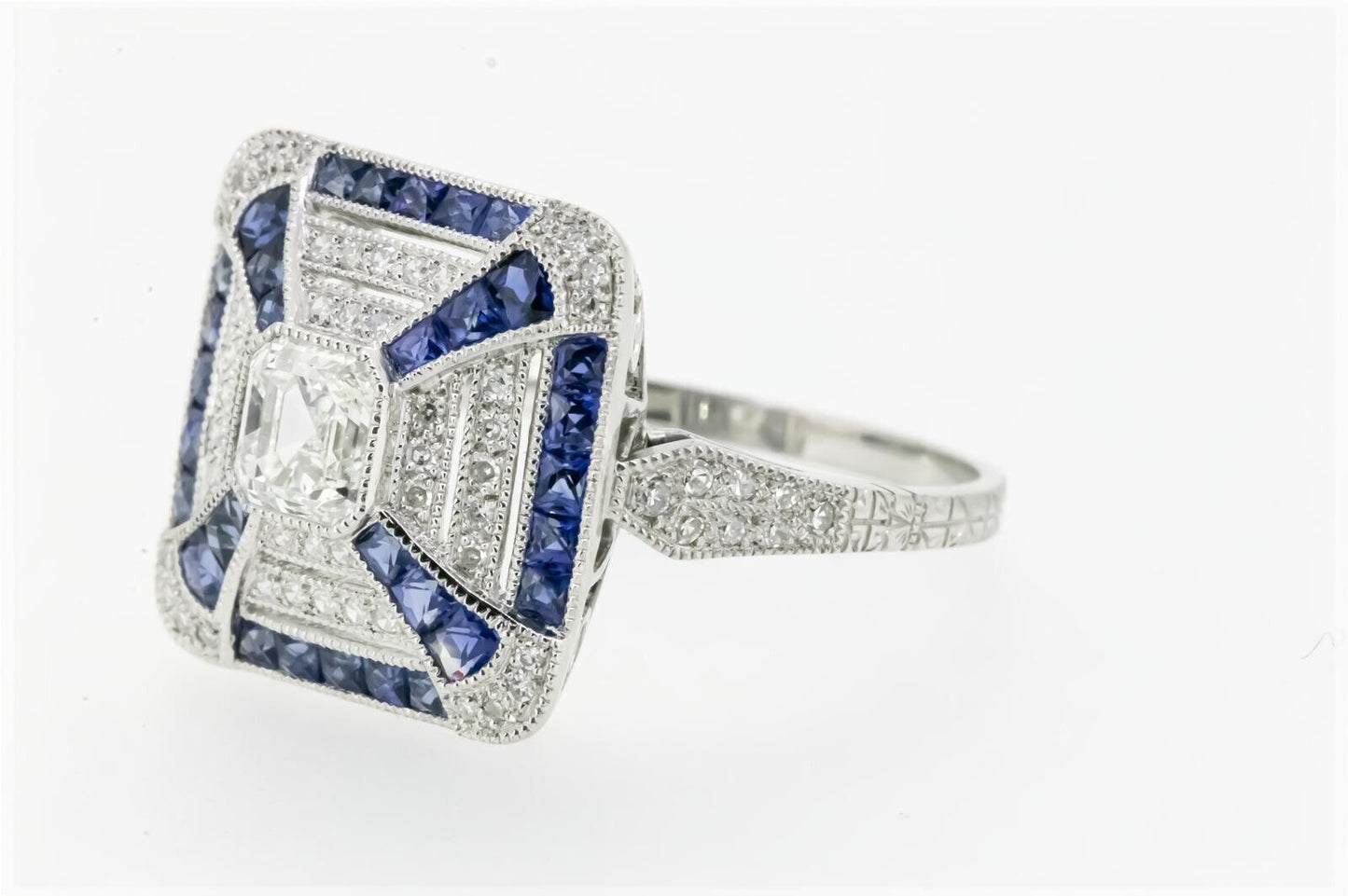 Art Deco Inspired Asscher Cut Diamond Sapphire Platinum Ring