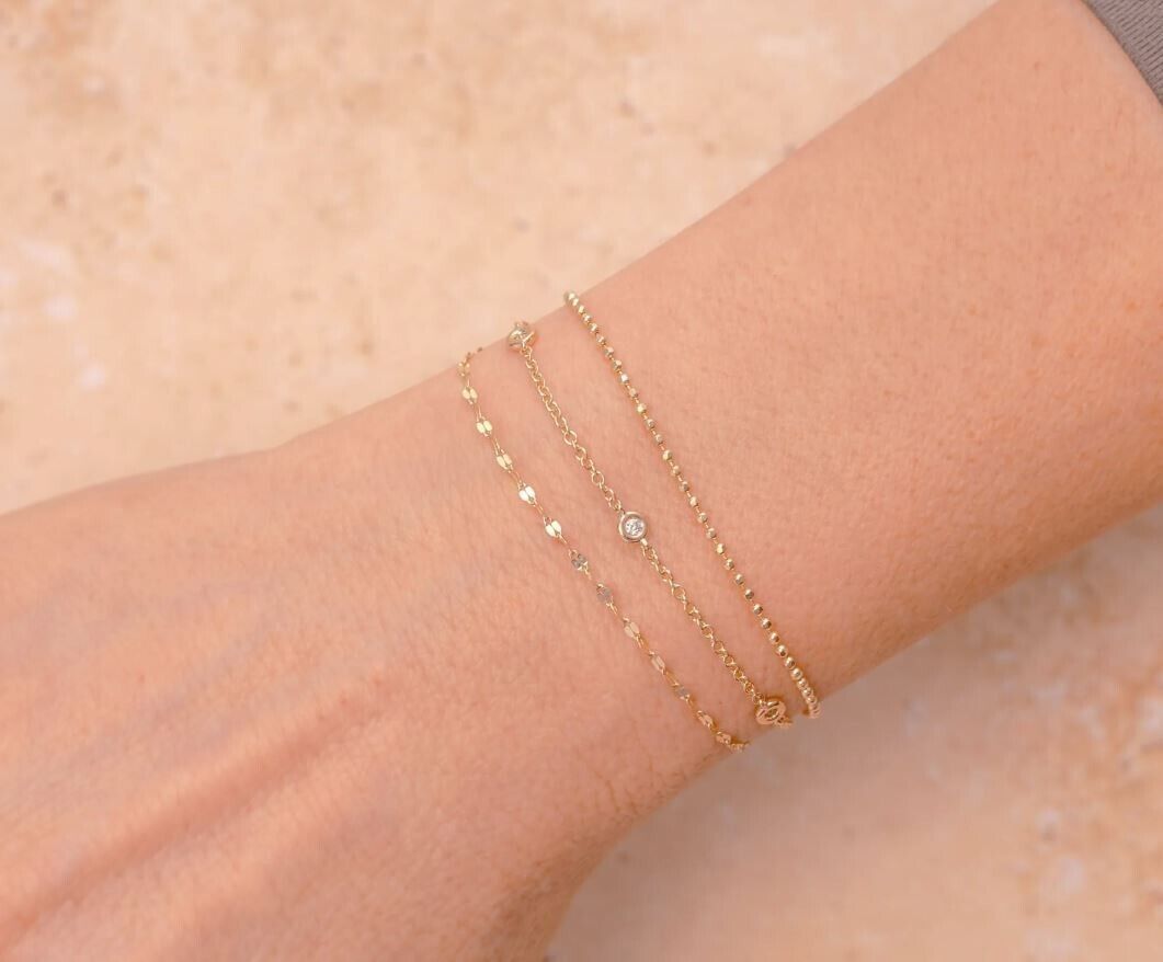 14K Gold Diamond By The Yard Bracelet with Faceted Ball Chain & Sparkle – 3-in-1 Design