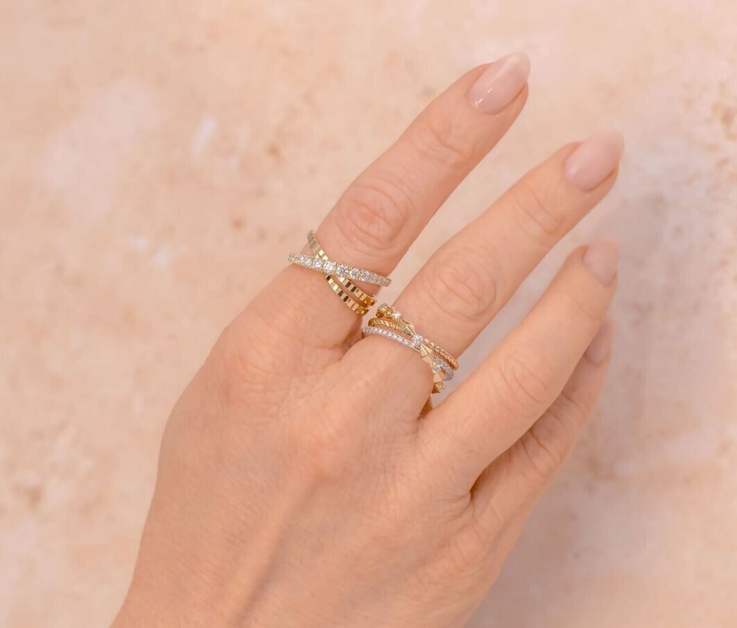 14K Gold Crisscross Diamond Crossover X Ring