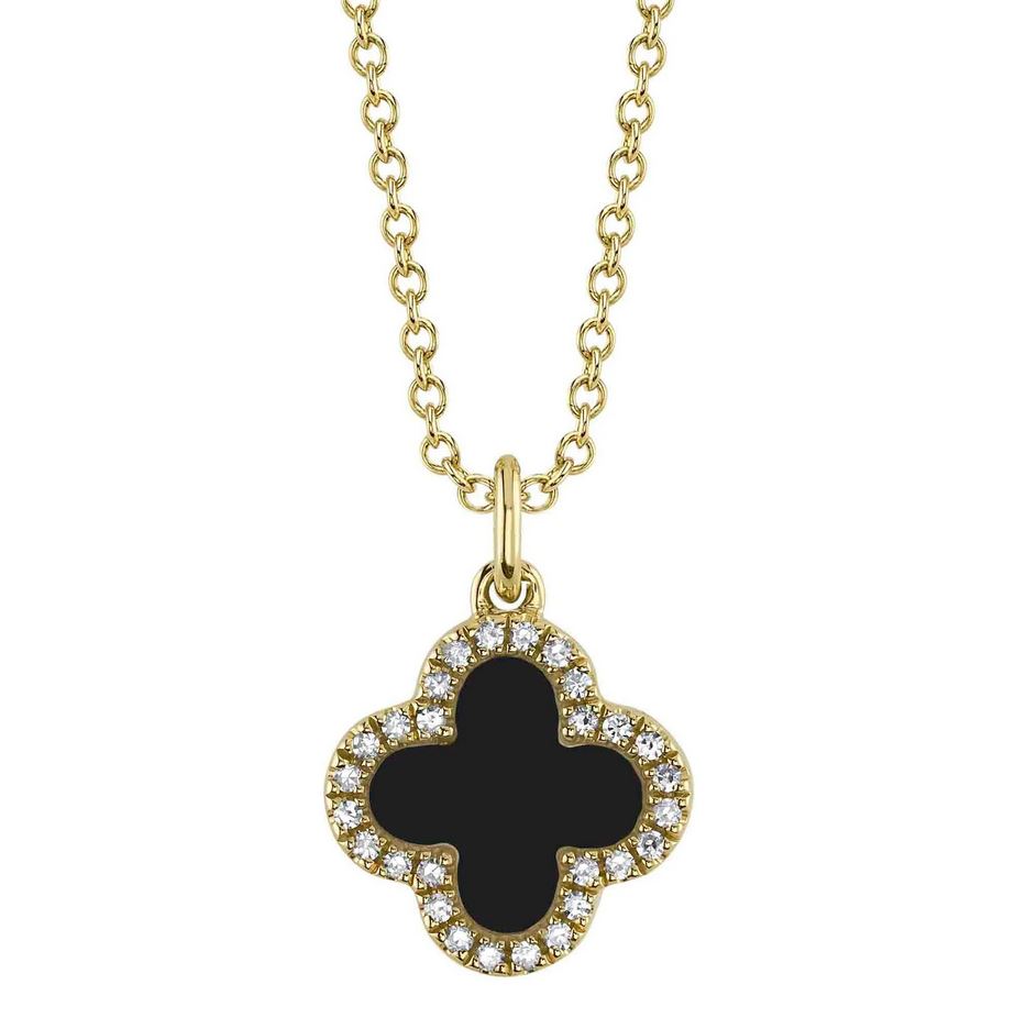 14K Gold Diamond Mother Of Pearl Onyx Clover Necklace Double Sided