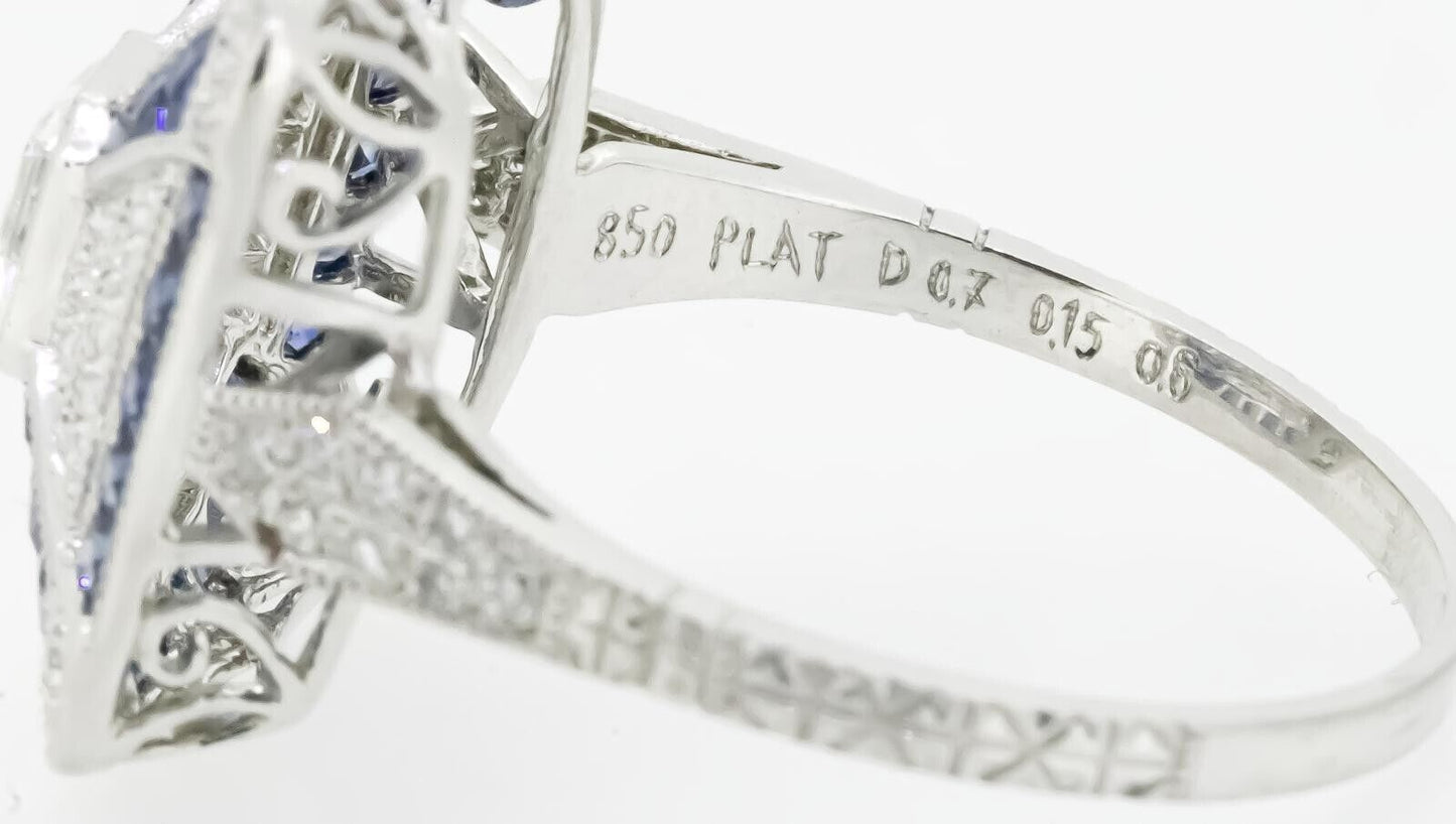Art Deco Inspired Asscher Cut Diamond Sapphire Platinum Ring
