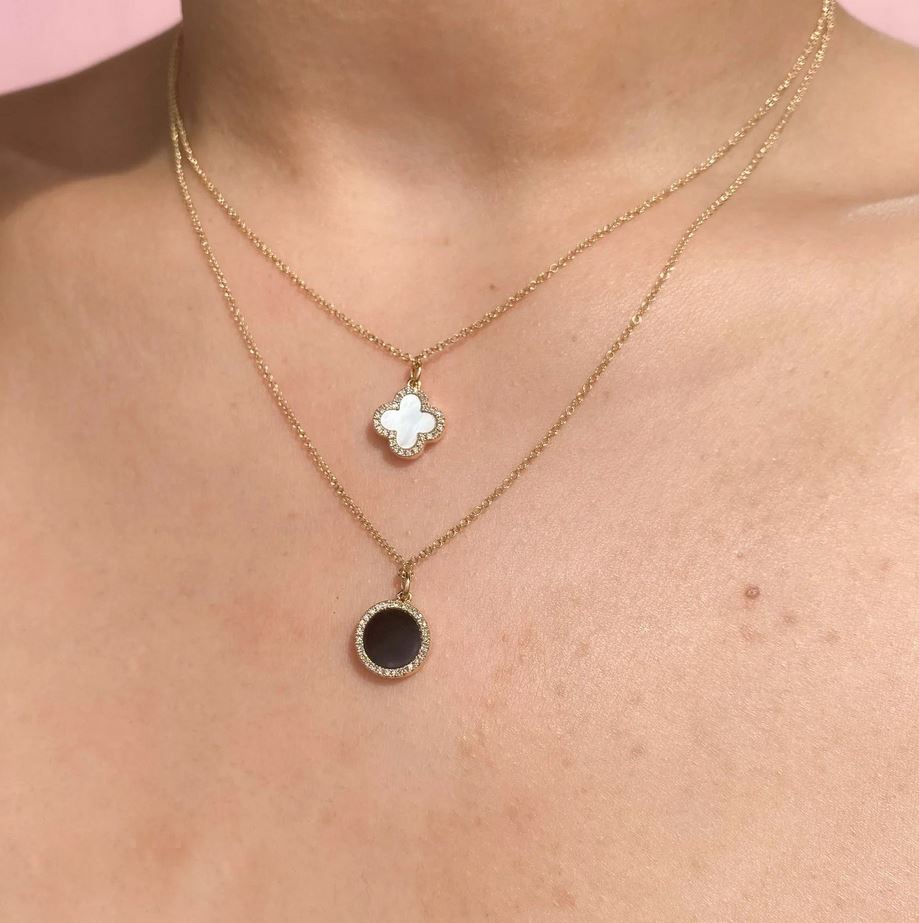 14K Gold Diamond Mother Of Pearl Onyx Clover Necklace Double Sided