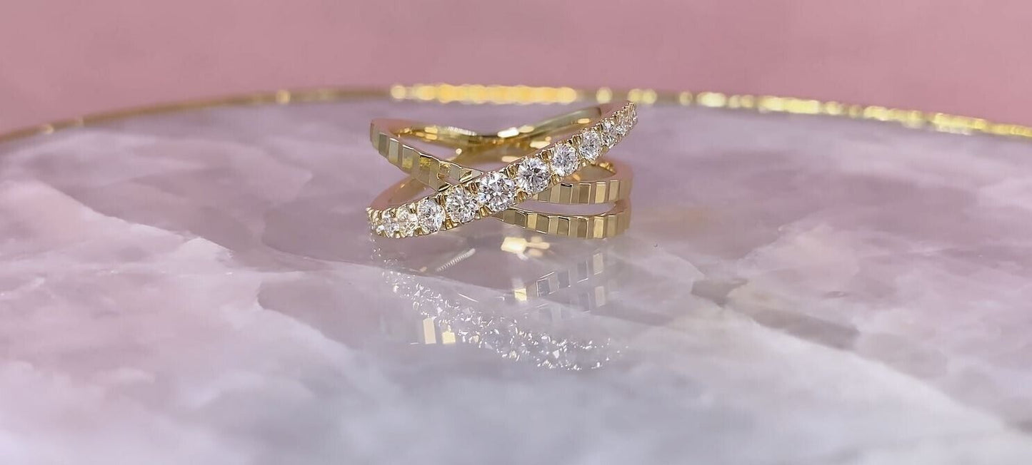 14K Gold Crisscross Diamond Crossover X Ring