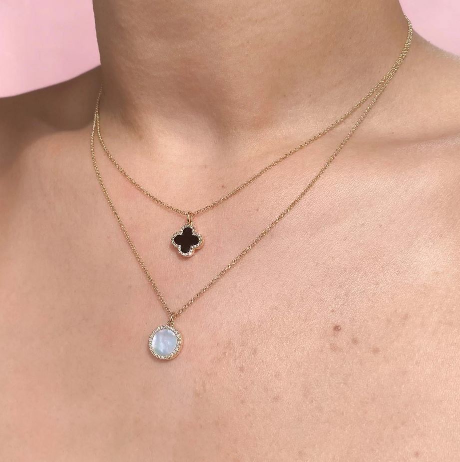 14K Gold Diamond Mother Of Pearl Onyx Clover Necklace Double Sided