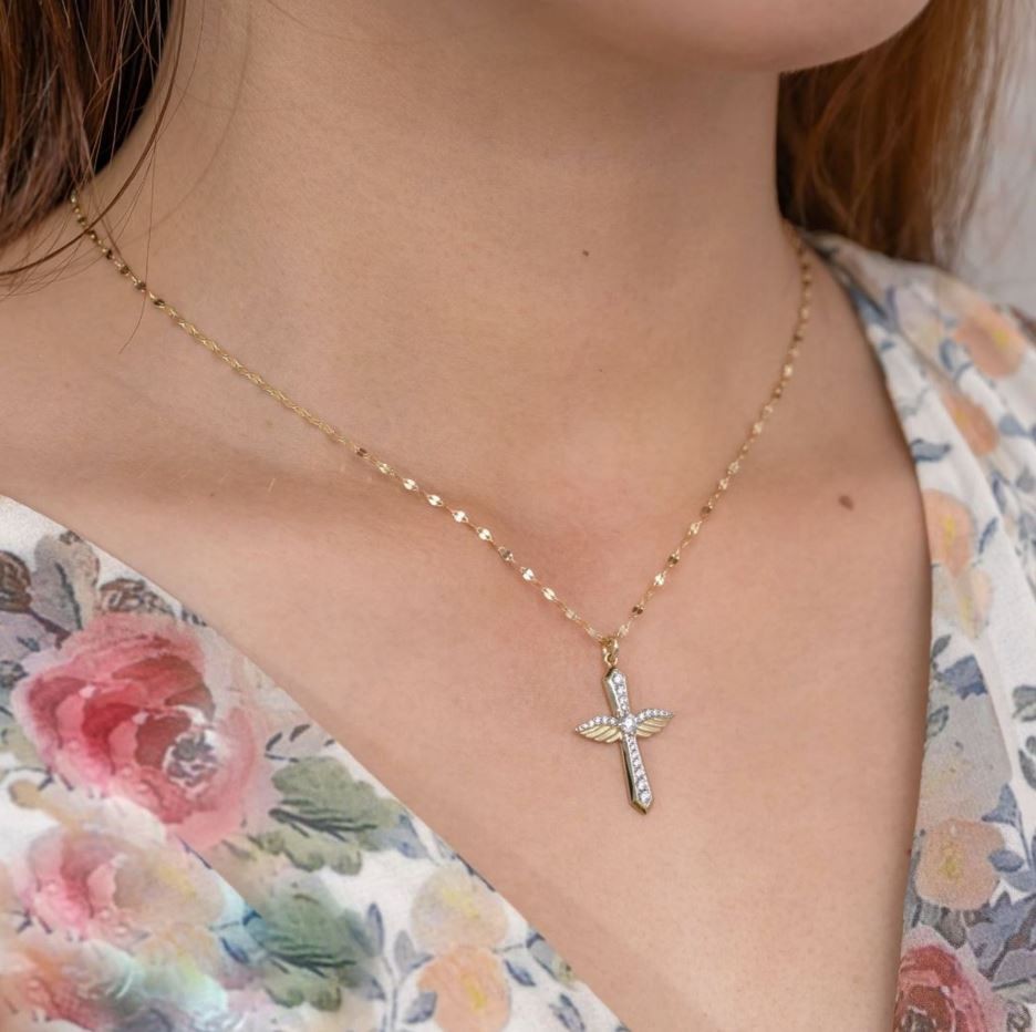 Diamond Angel Wing Cross Necklace 14K Yellow Gold Matte 0.34CT Natural Certified1