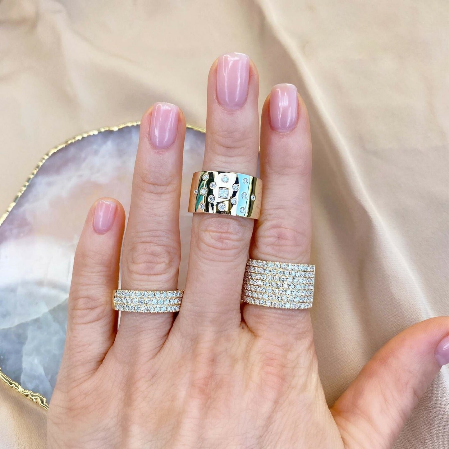 Wide Diamond Ring 14K Yellow Gold Scattered Cigar Band Bezel Set Natural 0.31 CT1