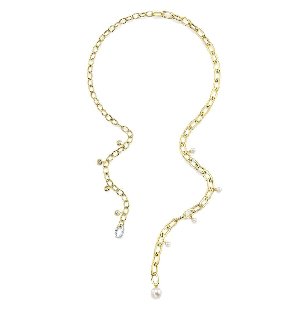 Diamond Pearl Paper Clip Link Necklace 14K Yellow Gold 0.26 CT Natural2