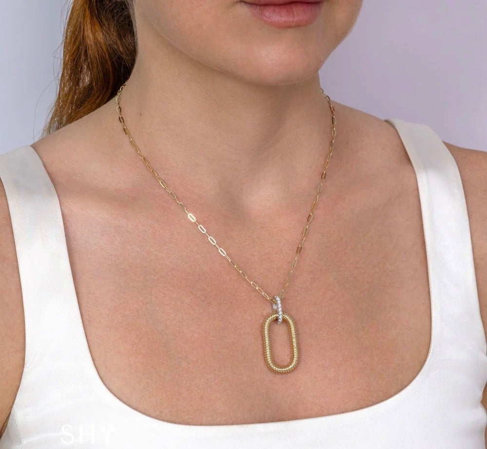 Diamond Ribbed Pipe Necklace 14K Yellow Gold Paper Clip Chain 0.21CT Natural1