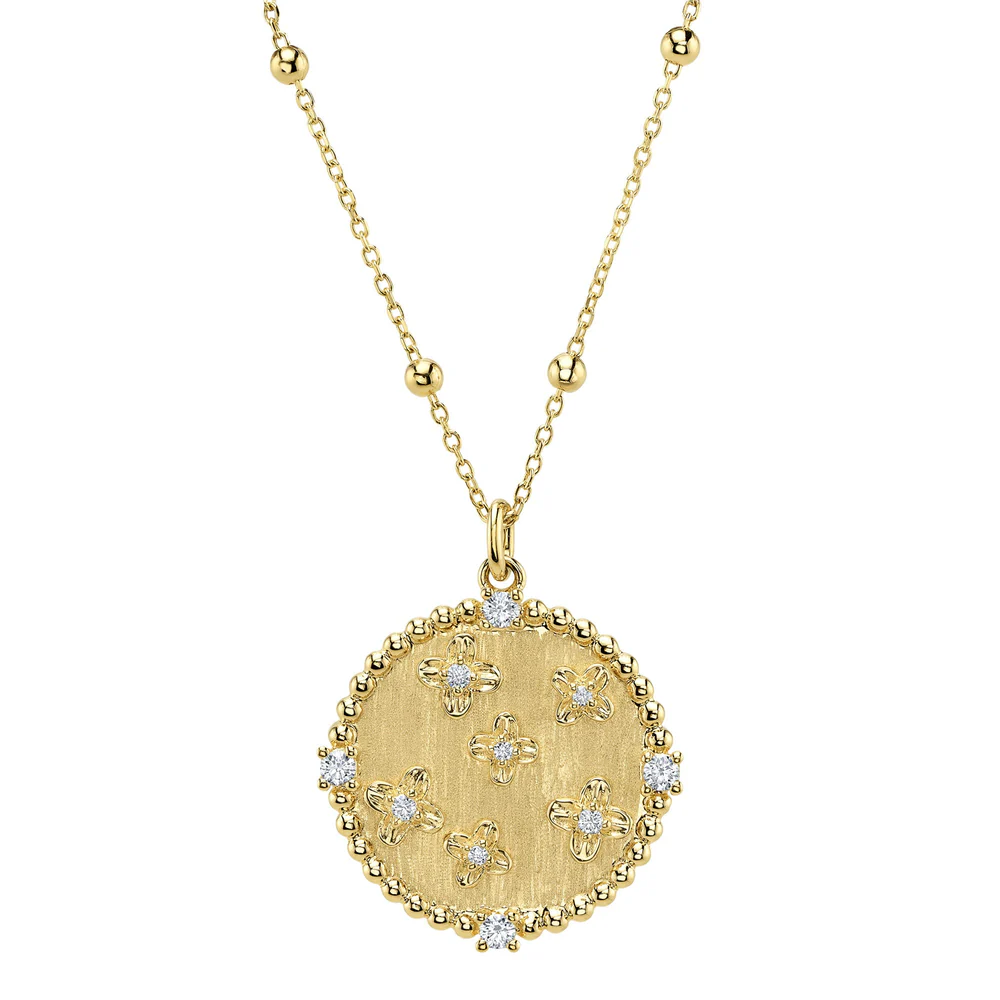 Diamond Circle Disc Flower Necklace 14K White Gold Matte Finish Natural 0.12CT2