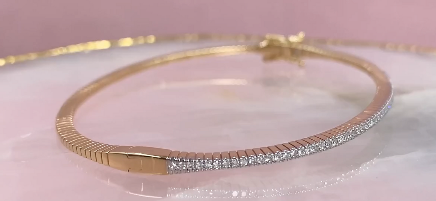 Diamond Ribbed Bangle Bracelet 14K Yellow Gold 0.26 CT Natural Certified2