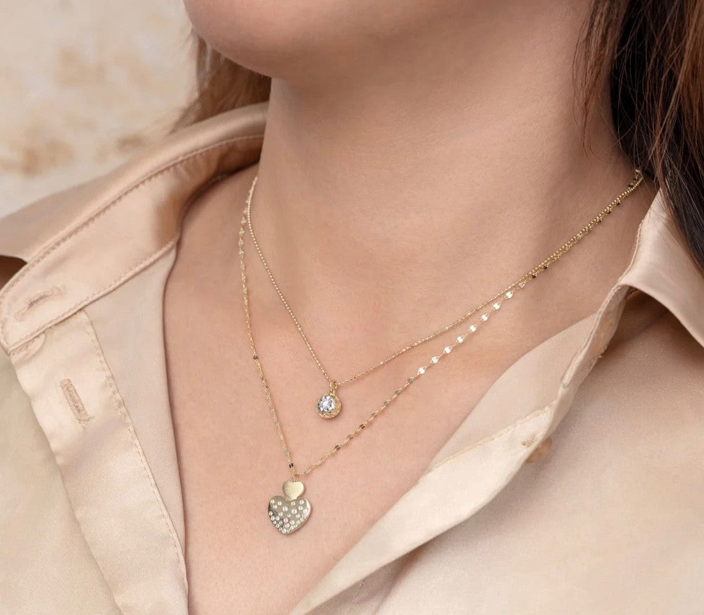 Diamond Scattered Floating Heart Necklace 14K Gold Matte Bezel Set Natural1