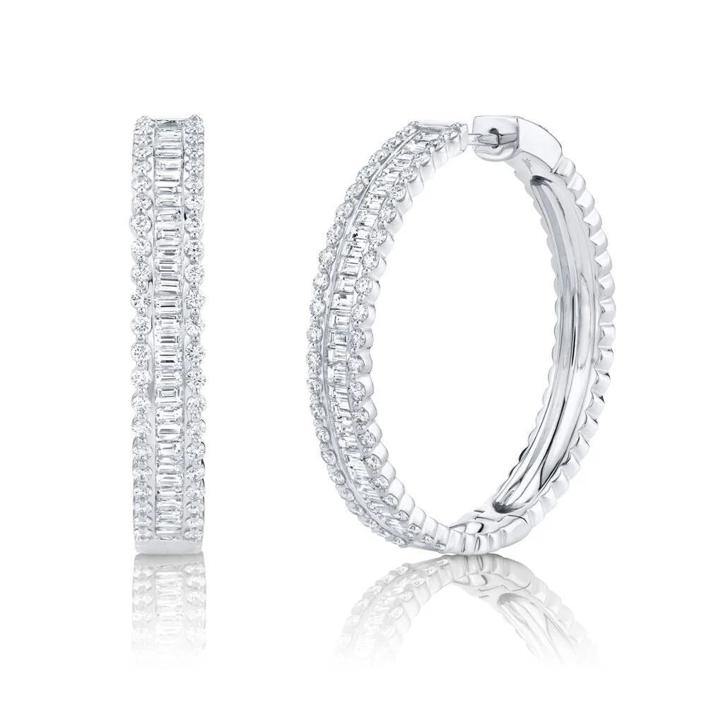 Baguette Diamond Hoop Earrings 14K White Gold 3.40CT Natural 1.45 Inch Diameter0