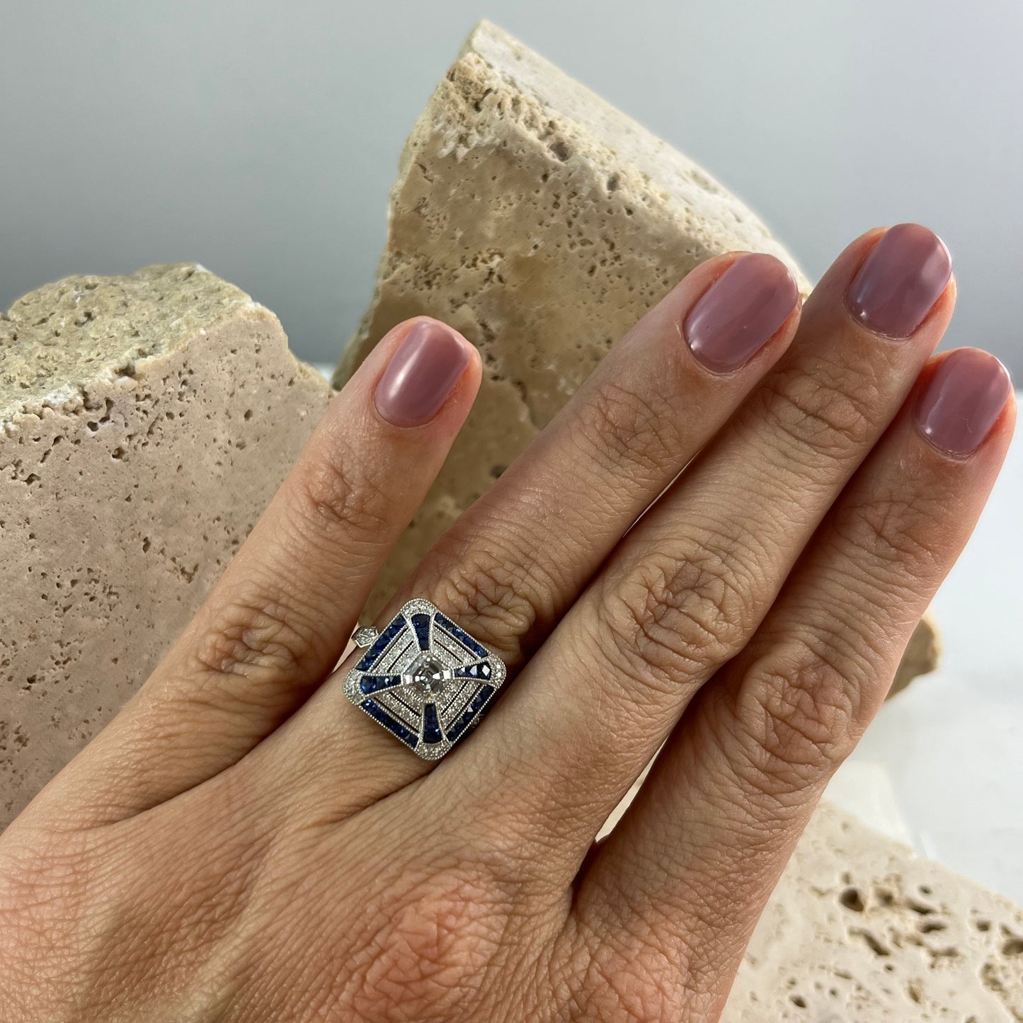 Art Deco Inspired Asscher Cut Diamond Sapphire Platinum Ring