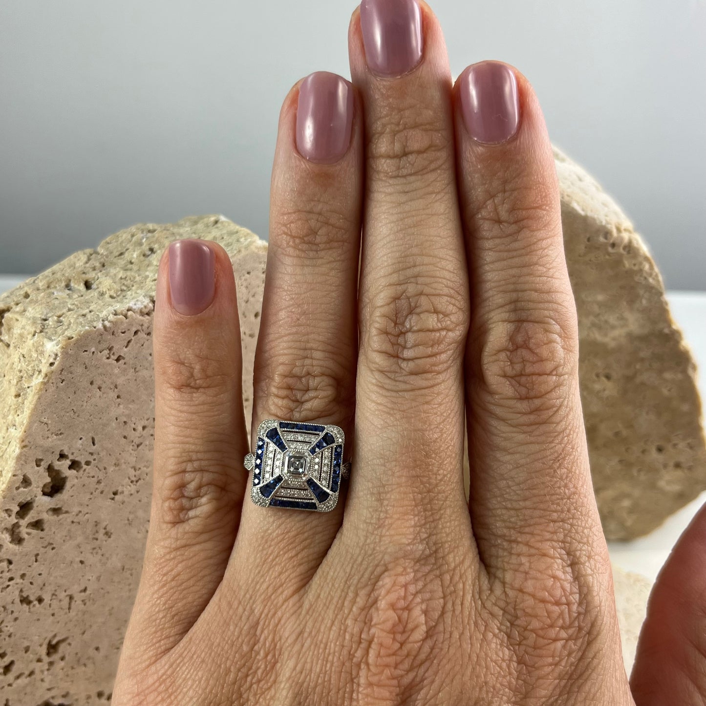 Art Deco Inspired Asscher Cut Diamond Sapphire Platinum Ring