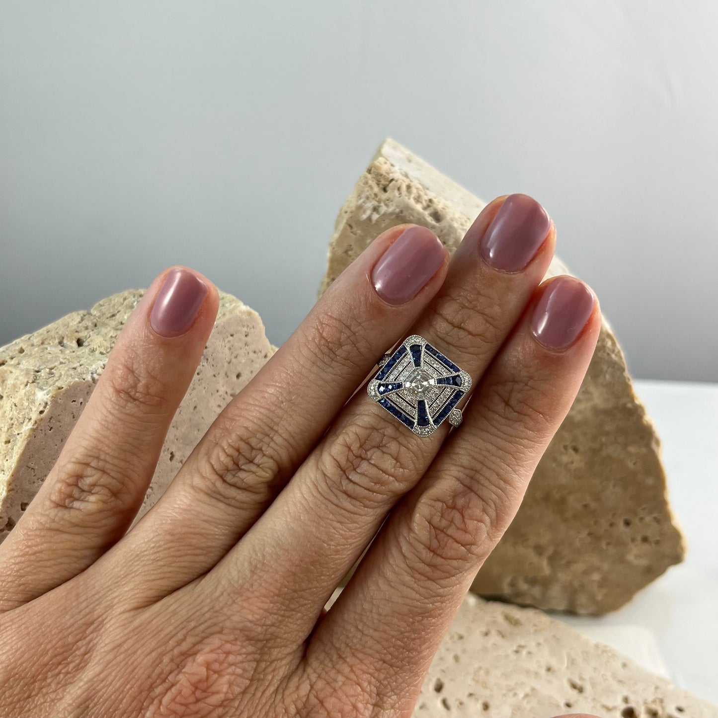 Art Deco Inspired Asscher Cut Diamond Sapphire Platinum Ring