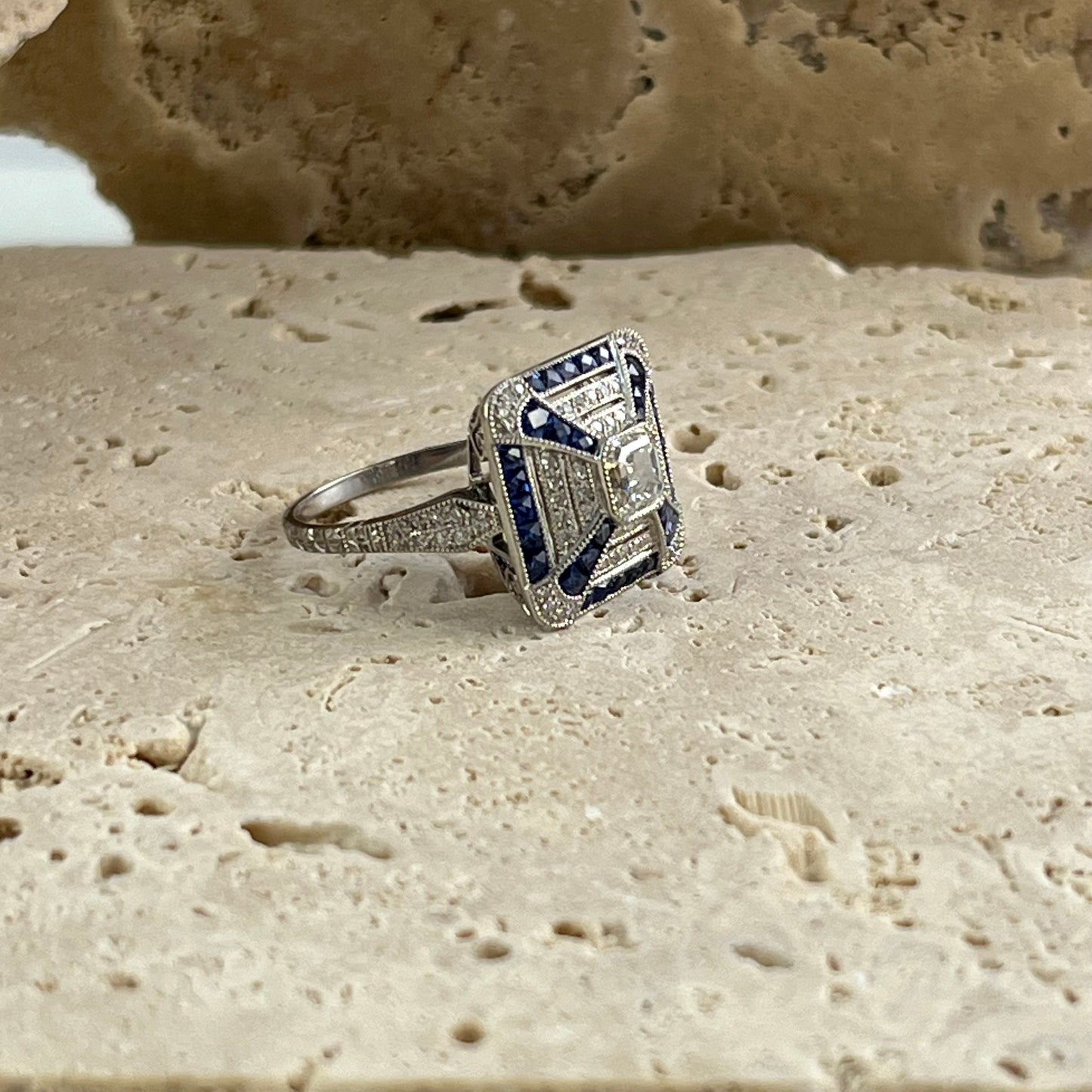 Art Deco Inspired Asscher Cut Diamond Sapphire Platinum Ring