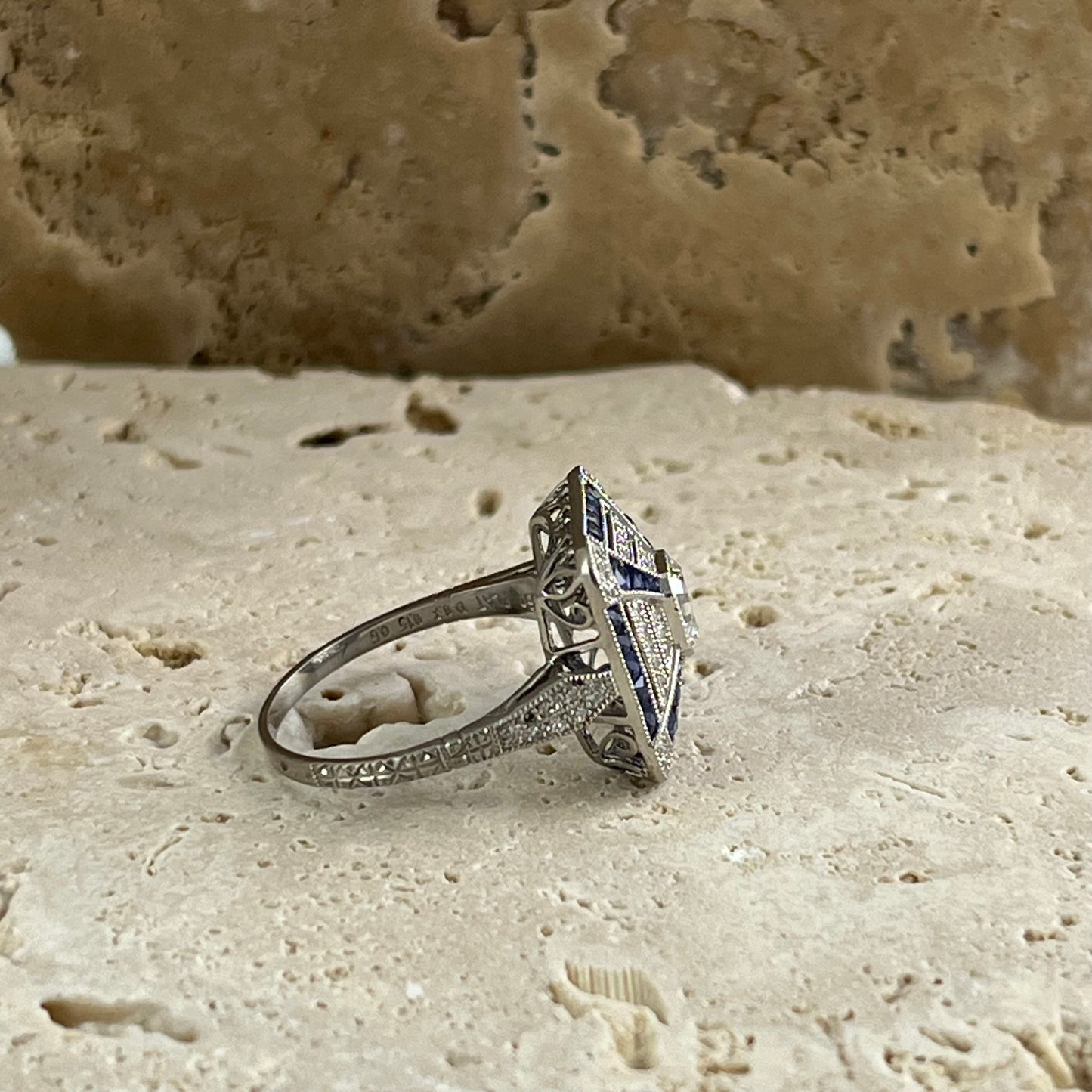 Art Deco Inspired Asscher Cut Diamond Sapphire Platinum Ring