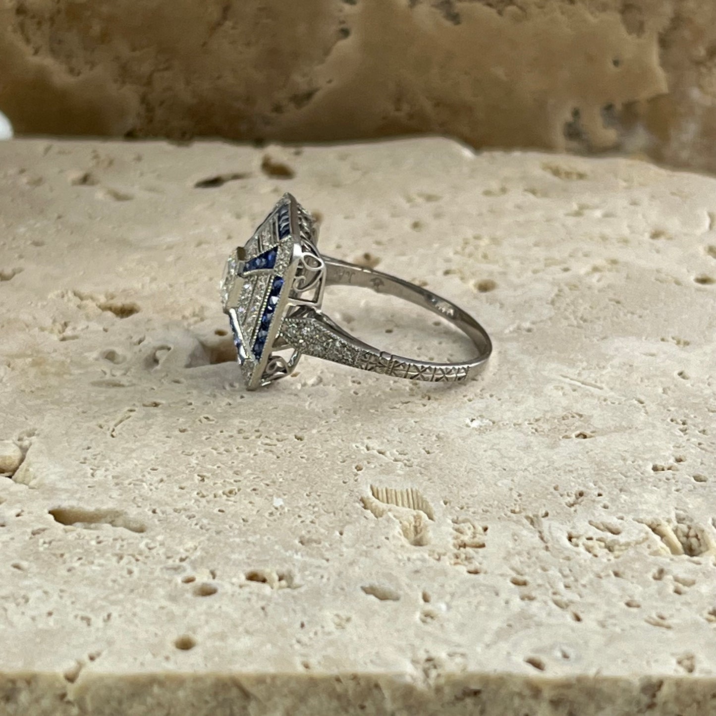 Art Deco Inspired Asscher Cut Diamond Sapphire Platinum Ring