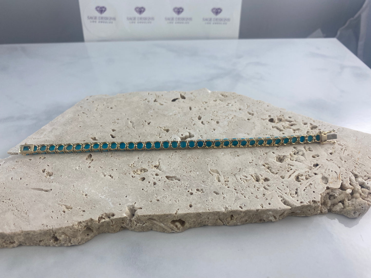 14K Yellow Gold Turquoise Tennis Bracelet 20.70 CT