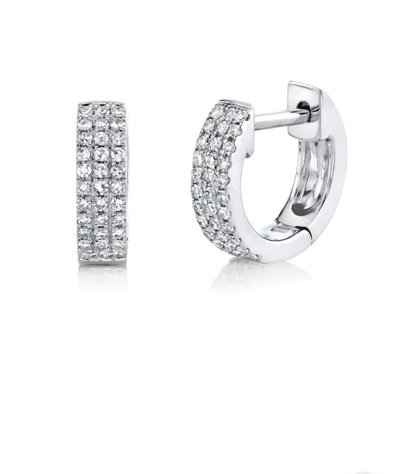 14K White Gold Diamond Huggie Earrings Pave Set Round Cut Natural 0.17 CTW