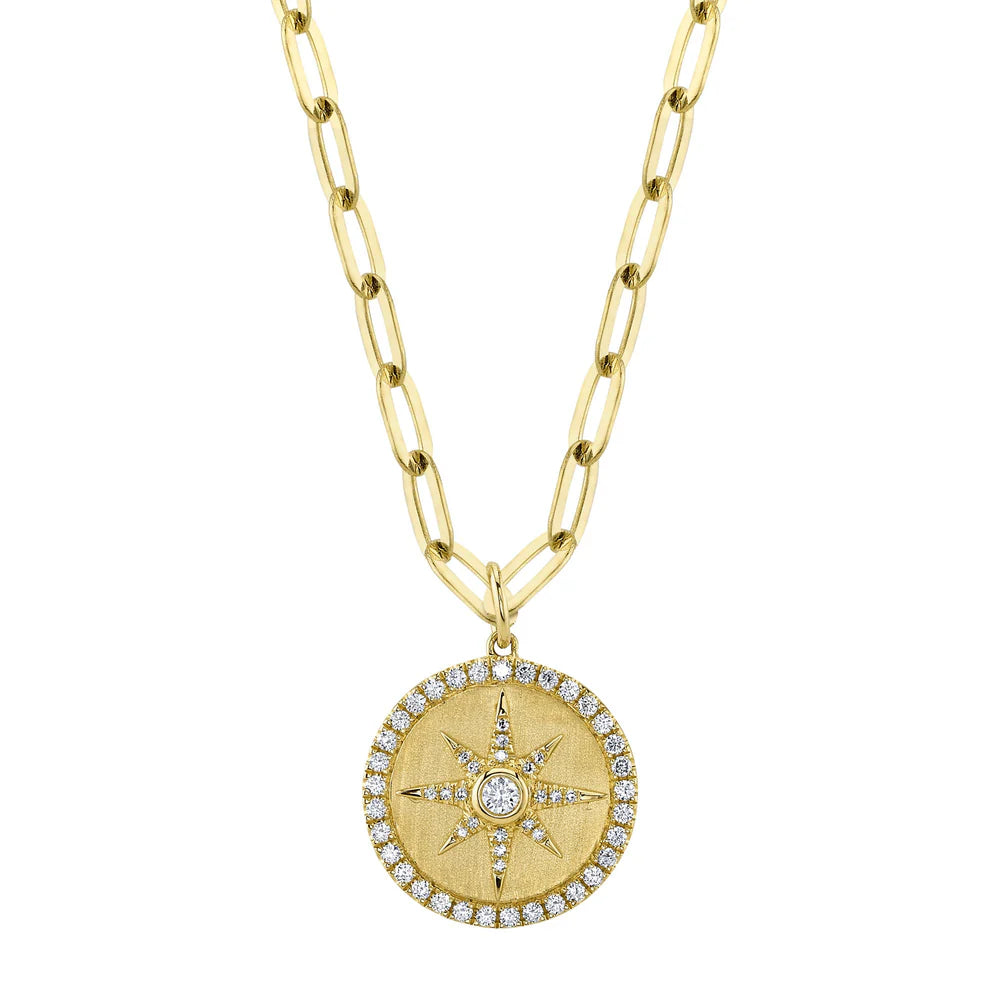 14K Yellow Gold Diamond Compass Star Necklace Paper Clip Chain
