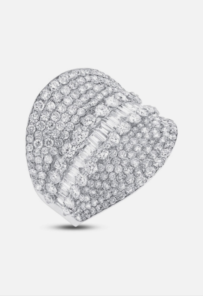 18K White Gold Diamond Wide Cocktail Ring Concave Baguette Round Natural 3.54 CT