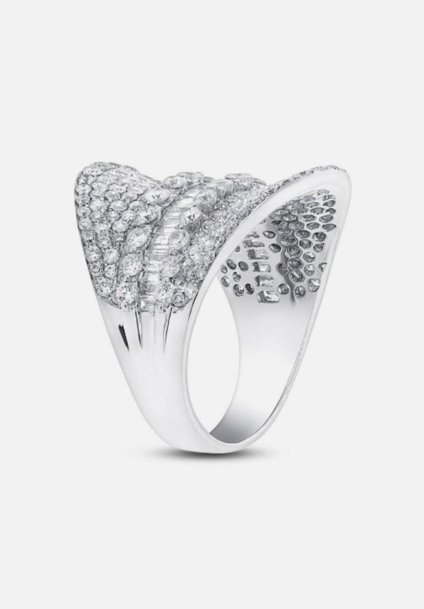 18K White Gold Diamond Wide Cocktail Ring Concave Baguette Round Natural 3.54 CT