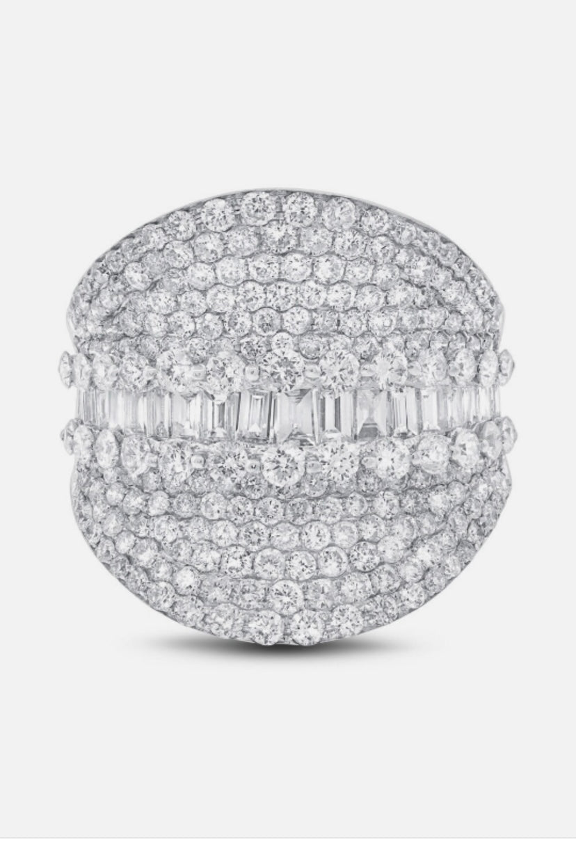18K White Gold Diamond Wide Cocktail Ring Concave Baguette Round Natural 3.54 CT