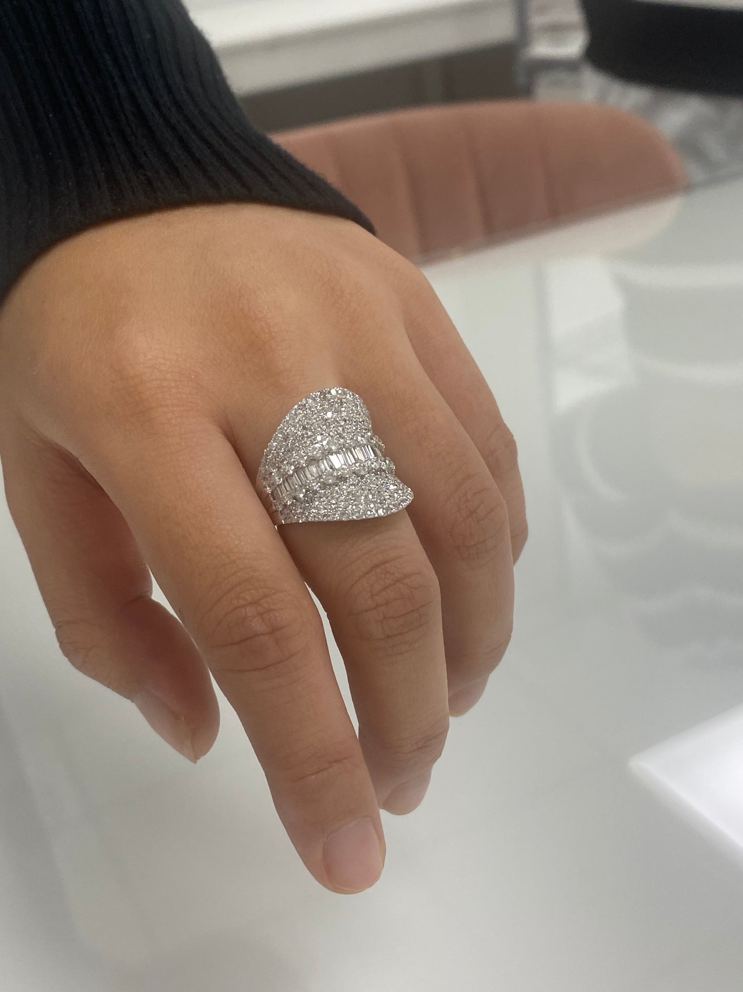 18K White Gold Diamond Wide Cocktail Ring Concave Baguette Round Natural 3.54 CT