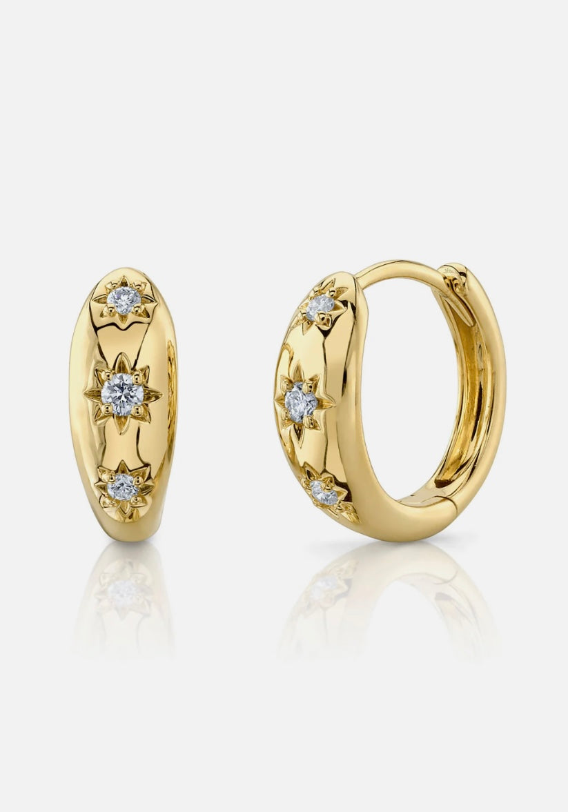 14K Yellow Gold Diamond Star Huggie Earrings Natural 0.10 CT Round Cut