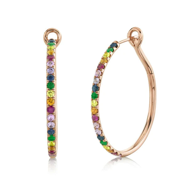 14K Gold Rainbow Gemstone Hoop Earrings