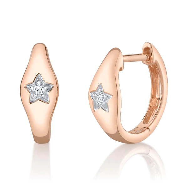 14K Gold Diamond Star Huggie Earrings