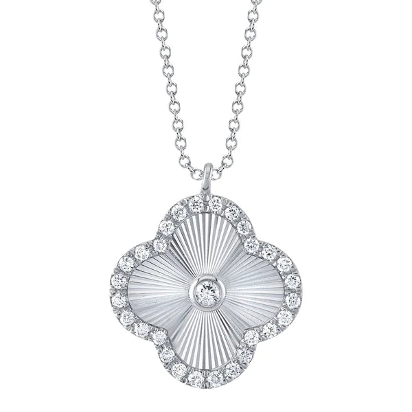 14K Gold Diamond Clover Fluted Sunray Necklace