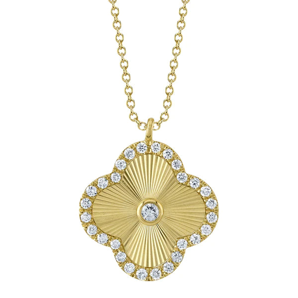 14K Gold Diamond Clover Fluted Sunray Necklace
