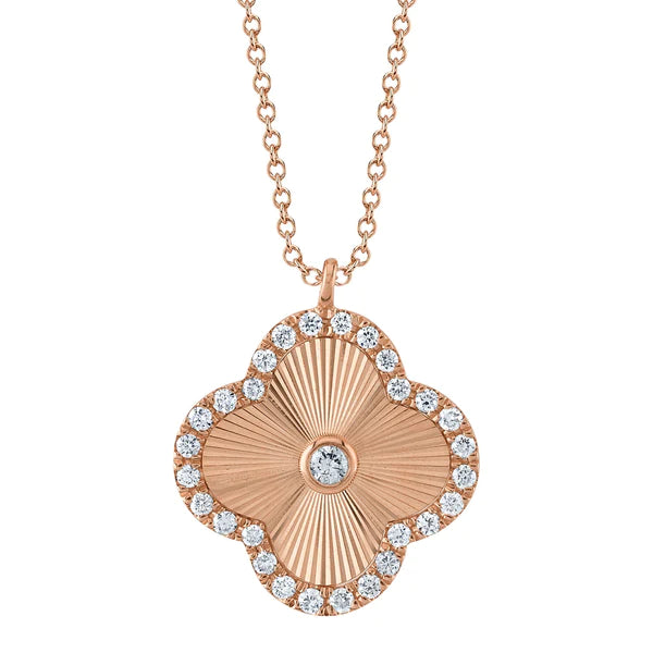14K Gold Diamond Clover Fluted Sunray Necklace