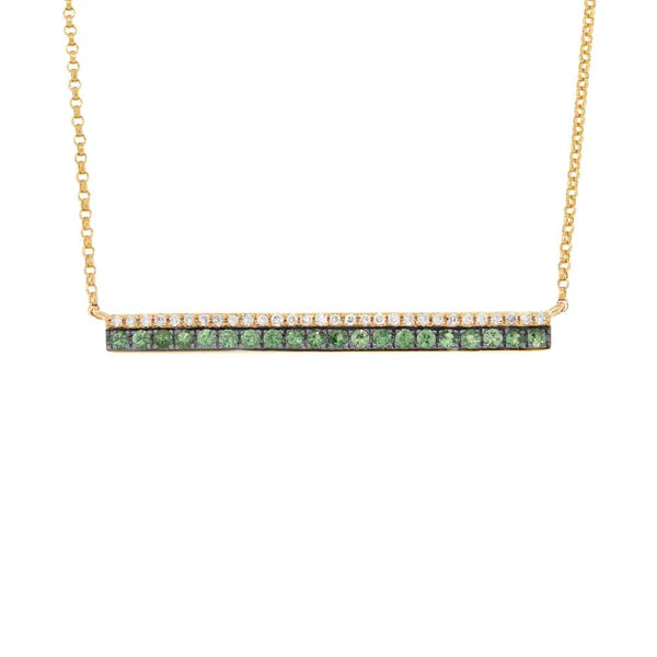 14K Gold Green Garnet Diamond Bar Pendant Necklace