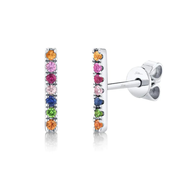 14K Gold Rainbow Gemstone Bar Stud Earrings