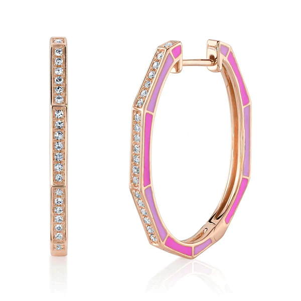 14K Gold Pink Enamel Diamond Oval Hoop Earrings