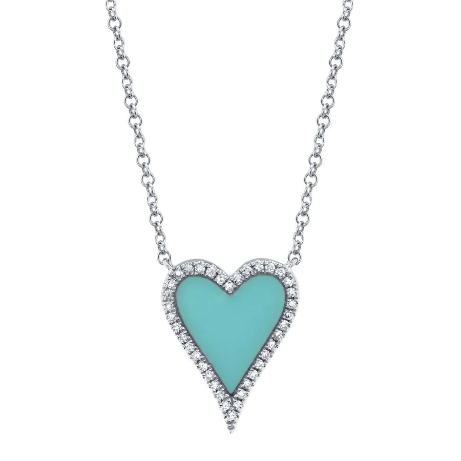 14K Gold 0.78 CT Diamond Turquoise Heart Pendant Necklace