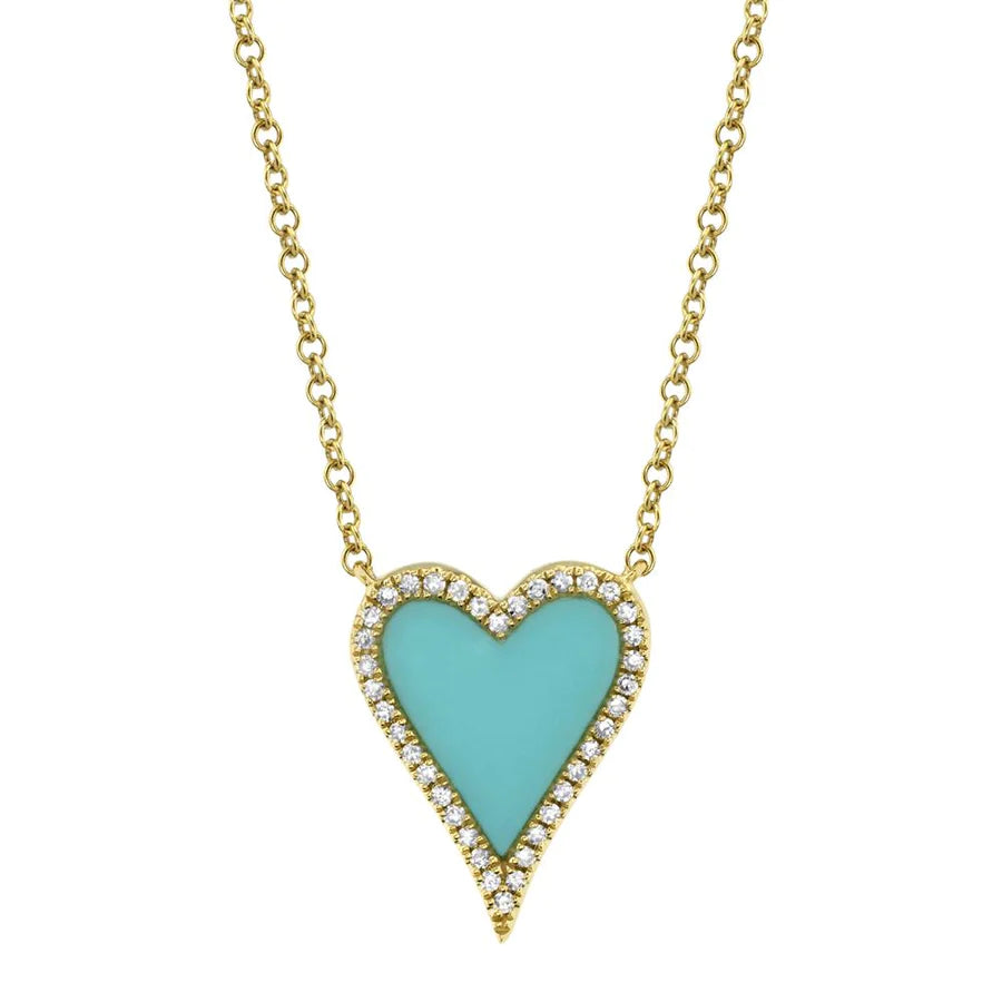14K Gold 0.78 CT Diamond Turquoise Heart Pendant Necklace